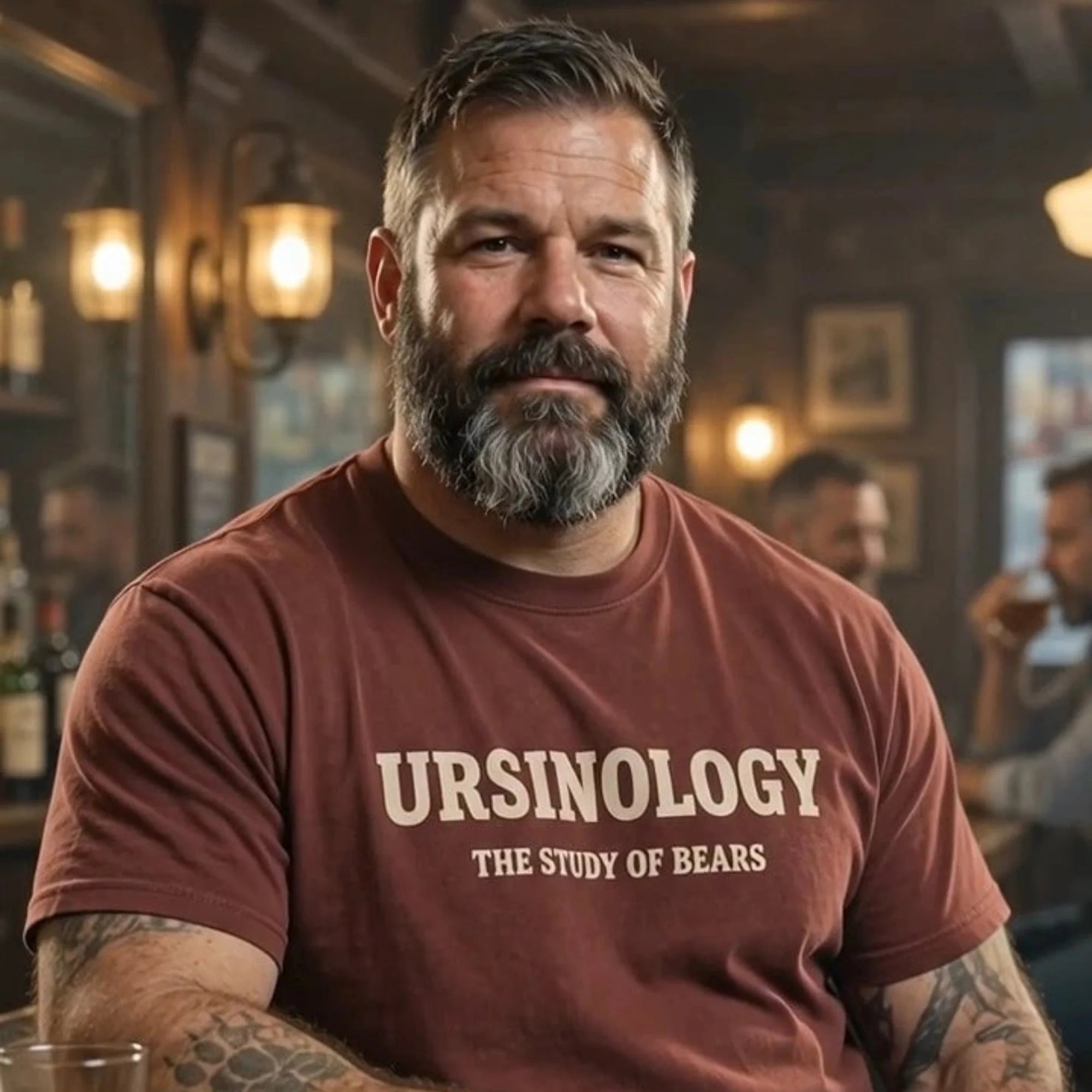 A bearded man with tattoos sits at a wooden bar in a dimly lit pub, wearing a rust-brown t-shirt with the text 'URSINOLOGY THE STUDY OF BEARS' printed in cream. He is wearing blue jeans and has a glass of amber liquid on the bar counter in front of him.