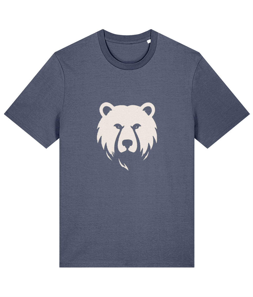A heathered slate blue crewneck t-shirt featuring a stylized white polar bear graphic printed on the chest, displayed against a solid white background.