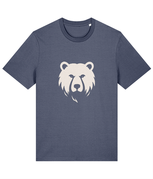 A heathered slate blue crewneck t-shirt featuring a stylized white polar bear graphic printed on the chest, displayed against a solid white background.