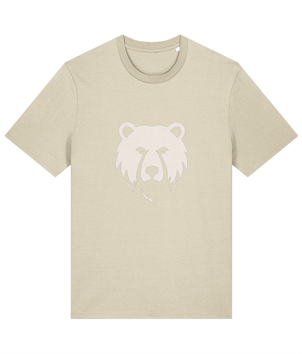 A light beige short-sleeve crewneck t-shirt featuring a tonal, low-contrast white graphic of a bear's head on the chest, displayed against a solid white background.
